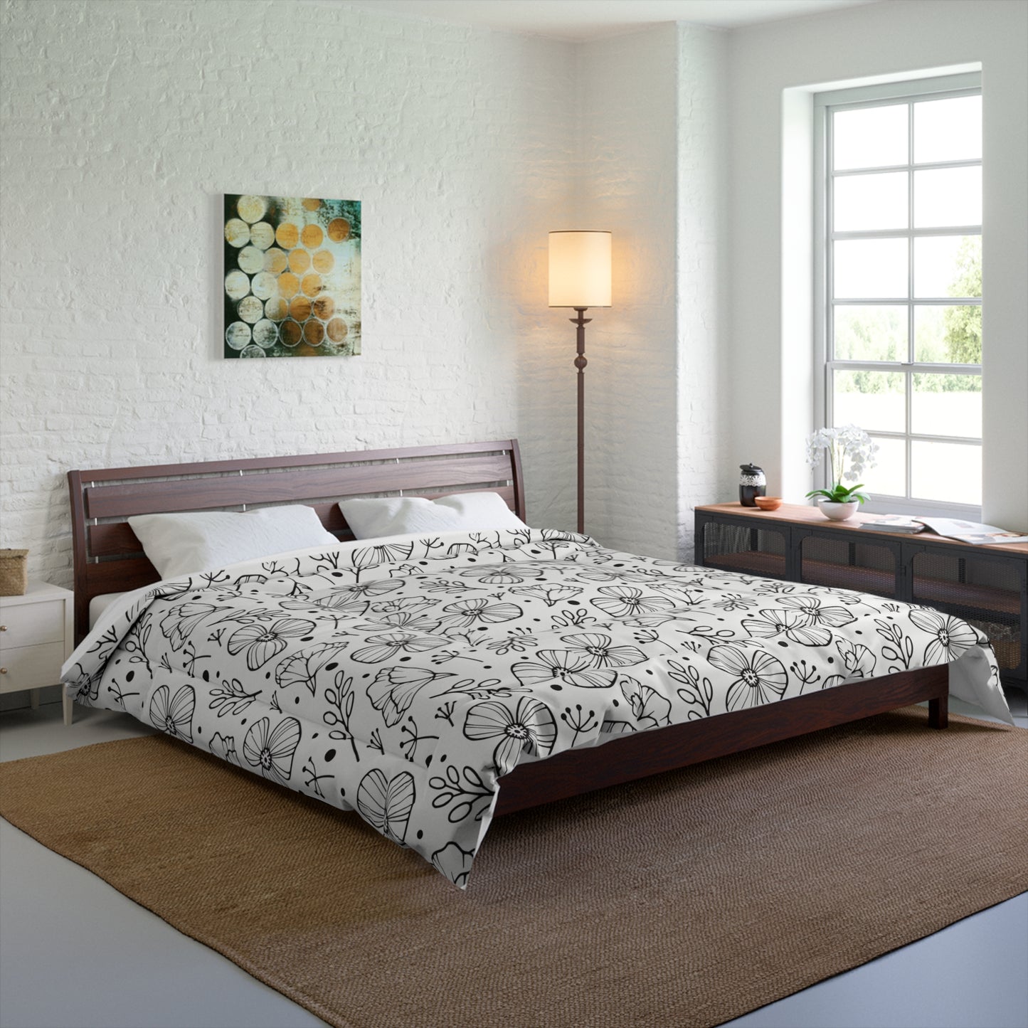 Hand Drawn Floral Comforter | Black White Flower Pattern