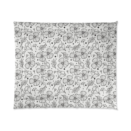 Hand Drawn Floral Comforter | Black White Flower Pattern